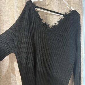Black Frayed V-Neck, low back Sweater